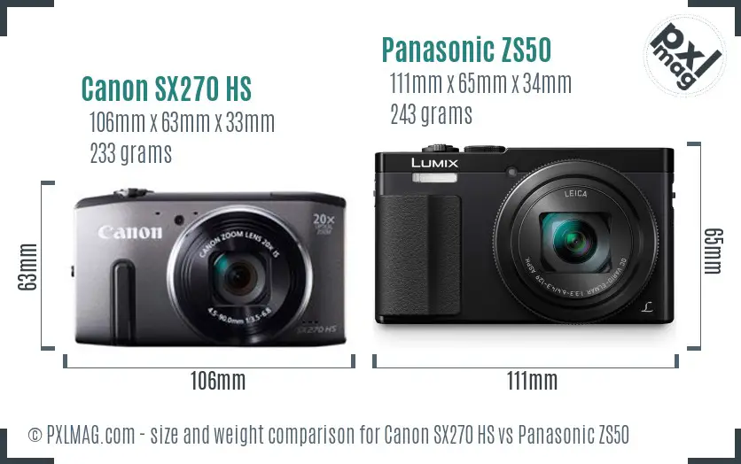 Canon SX270 HS vs Panasonic ZS50 size comparison