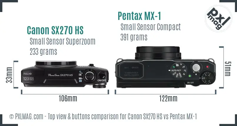 Canon SX270 HS vs Pentax MX-1 top view buttons comparison