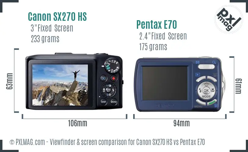 Canon SX270 HS vs Pentax E70 Screen and Viewfinder comparison
