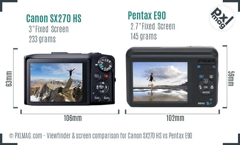 Canon SX270 HS vs Pentax E90 Screen and Viewfinder comparison