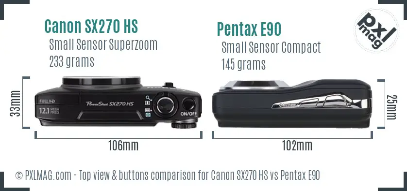 Canon SX270 HS vs Pentax E90 top view buttons comparison