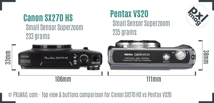 Canon SX270 HS vs Pentax VS20 top view buttons comparison