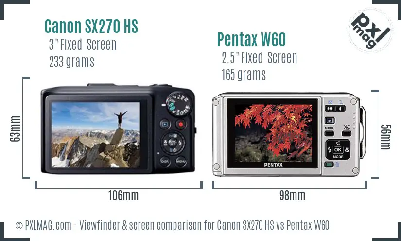 Canon SX270 HS vs Pentax W60 Screen and Viewfinder comparison