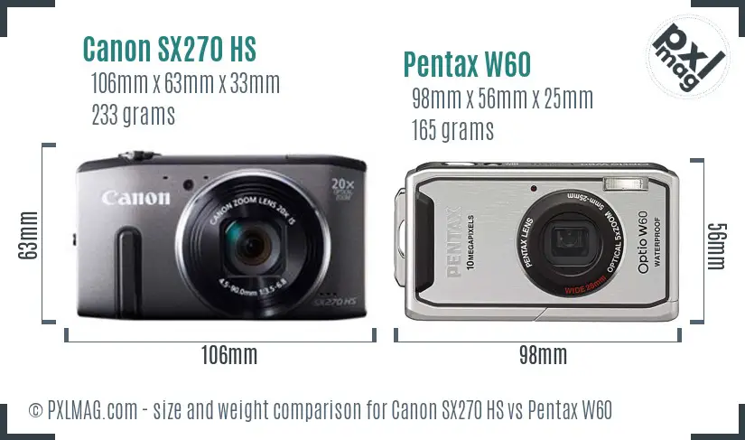 Canon SX270 HS vs Pentax W60 size comparison