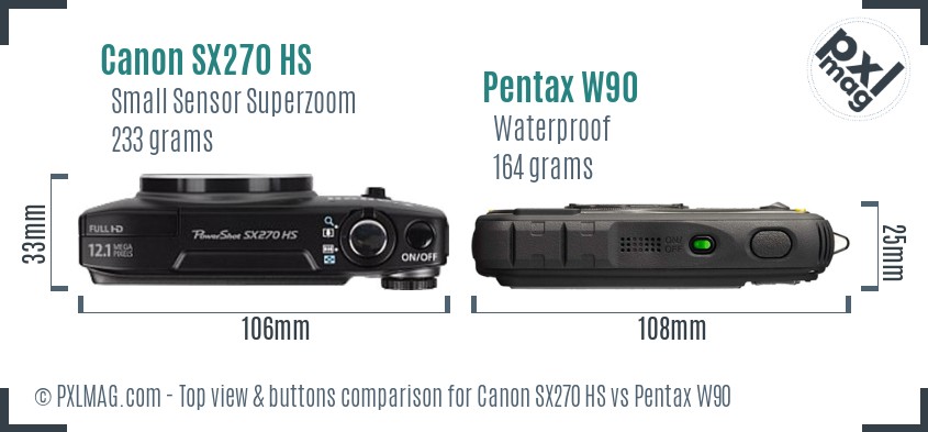 Canon SX270 HS vs Pentax W90 top view buttons comparison