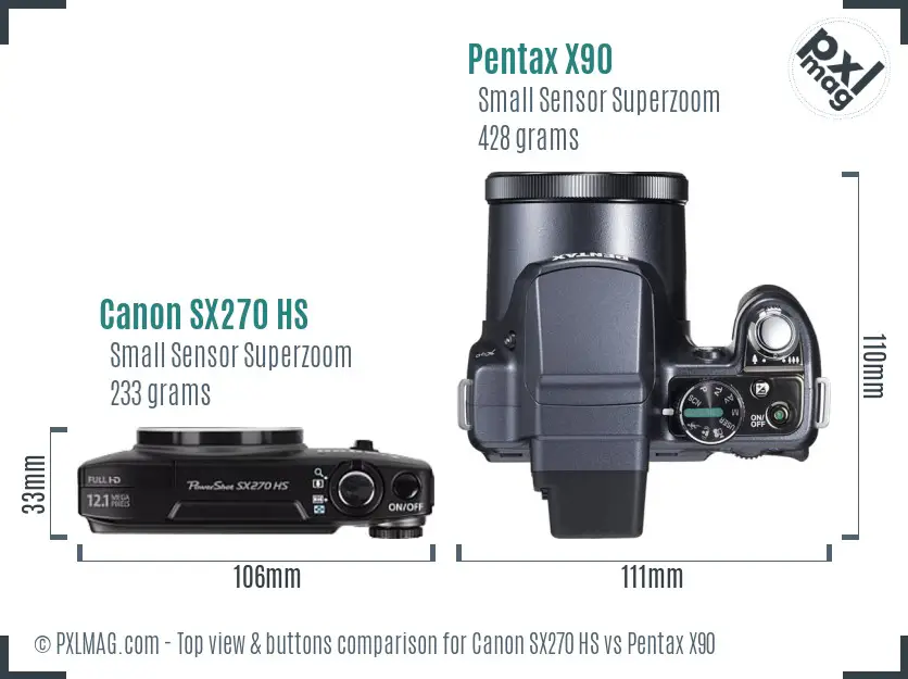 Canon SX270 HS vs Pentax X90 top view buttons comparison Canon SX270 HS vs Pentax X90 top view buttons comparison