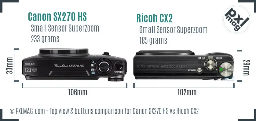 Canon SX270 HS vs Ricoh CX2 top view buttons comparison