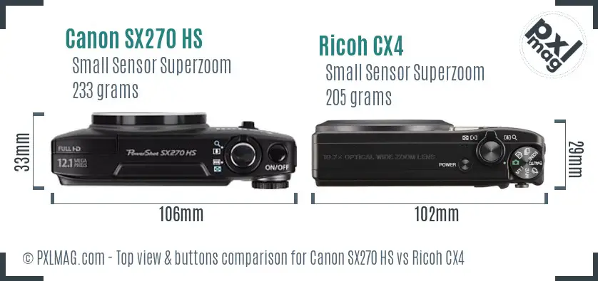 Canon SX270 HS vs Ricoh CX4 top view buttons comparison