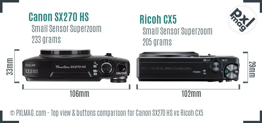 Canon SX270 HS vs Ricoh CX5 top view buttons comparison