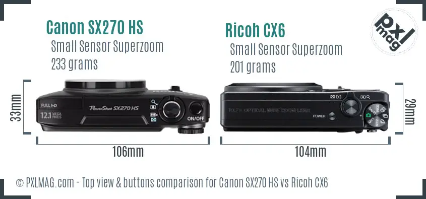 Canon SX270 HS vs Ricoh CX6 top view buttons comparison