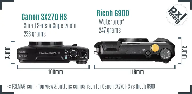 Canon SX270 HS vs Ricoh G900 top view buttons comparison