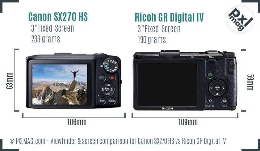 Canon SX270 HS vs Ricoh GR Digital IV Screen and Viewfinder comparison