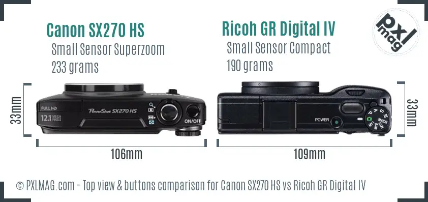 Canon SX270 HS vs Ricoh GR Digital IV top view buttons comparison