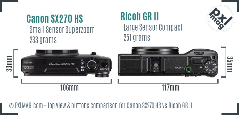 Canon SX270 HS vs Ricoh GR II top view buttons comparison