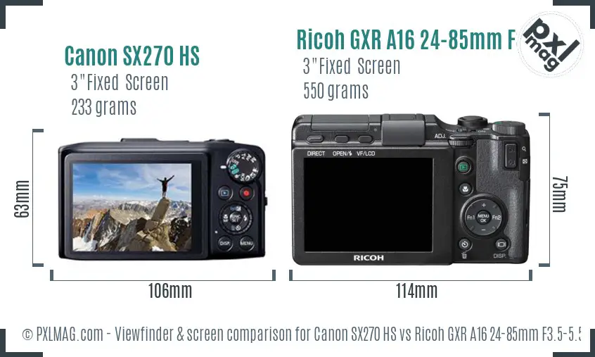 Canon SX270 HS vs Ricoh GXR A16 24-85mm F3.5-5.5 Screen and Viewfinder comparison