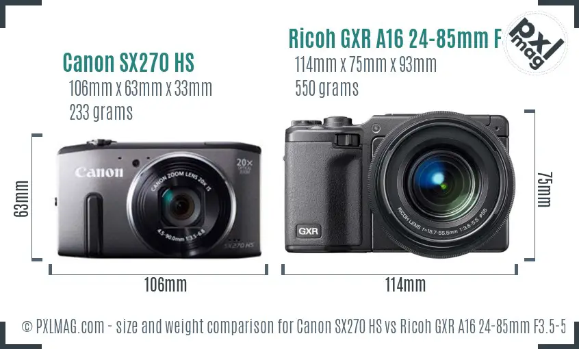 Canon SX270 HS vs Ricoh GXR A16 24-85mm F3.5-5.5 size comparison