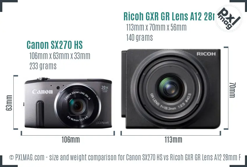 Canon SX270 HS vs Ricoh GXR GR Lens A12 28mm F2.5 size comparison