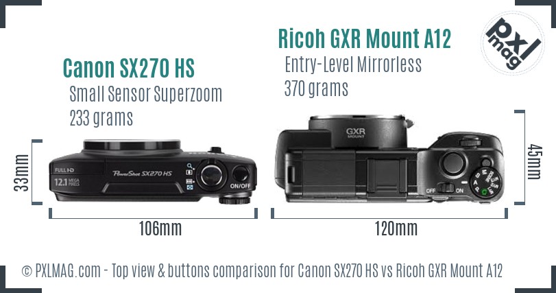 Canon SX270 HS vs Ricoh GXR Mount A12 top view buttons comparison