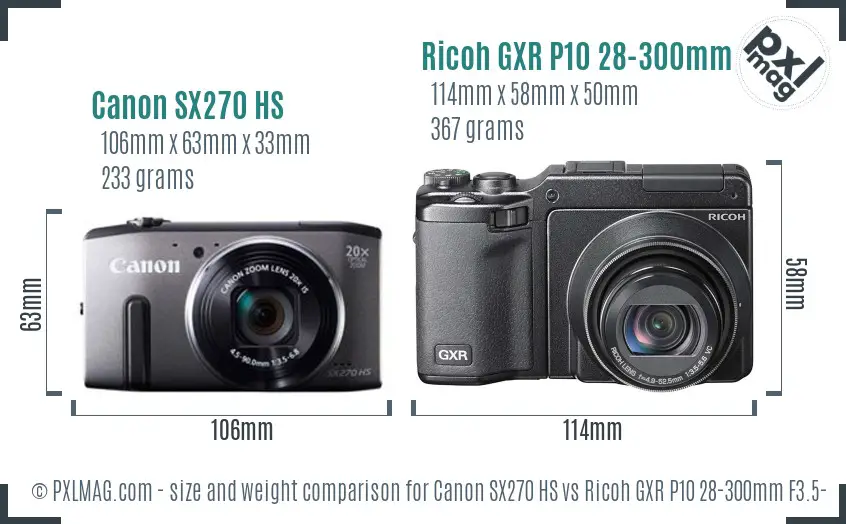 Canon SX270 HS vs Ricoh GXR P10 28-300mm F3.5-5.6 VC size comparison Canon SX270 HS vs Ricoh GXR P10 28-300mm F3.5-5.6 VC size comparison
