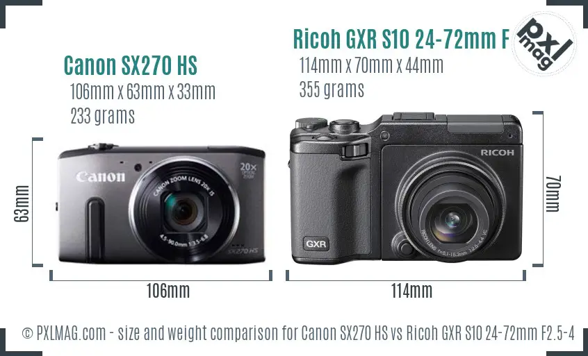 Canon SX270 HS vs Ricoh GXR S10 24-72mm F2.5-4.4 VC size comparison Canon SX270 HS vs Ricoh GXR S10 24-72mm F2.5-4.4 VC size comparison