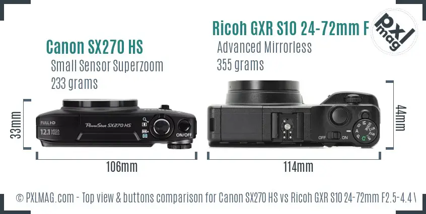 Canon SX270 HS vs Ricoh GXR S10 24-72mm F2.5-4.4 VC top view buttons comparison Canon SX270 HS vs Ricoh GXR S10 24-72mm F2.5-4.4 VC top view buttons comparison