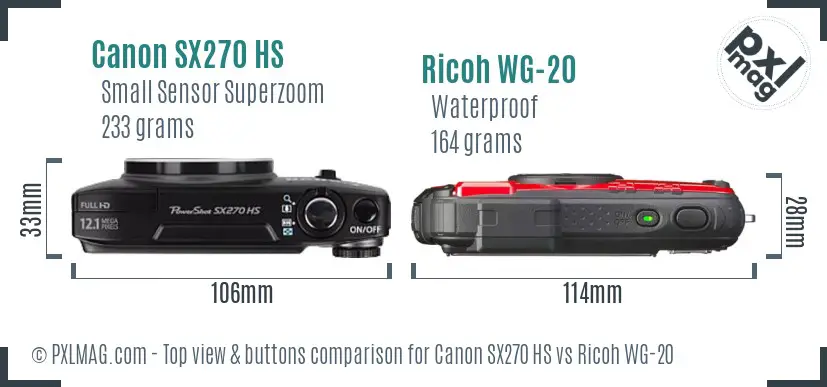 Canon SX270 HS vs Ricoh WG-20 top view buttons comparison