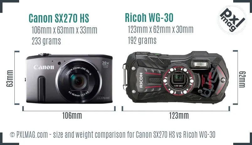 Canon SX270 HS vs Ricoh WG-30 size comparison