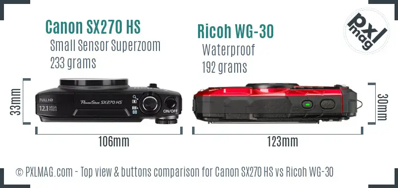 Canon SX270 HS vs Ricoh WG-30 top view buttons comparison