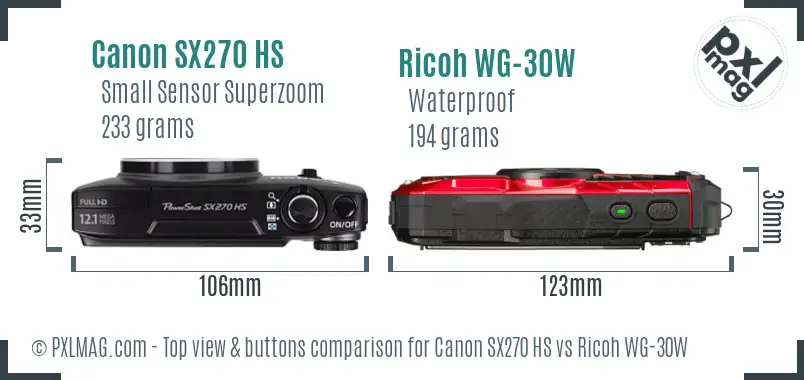 Canon SX270 HS vs Ricoh WG-30W top view buttons comparison