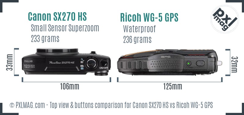 Canon SX270 HS vs Ricoh WG-5 GPS top view buttons comparison
