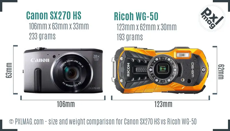 Canon SX270 HS vs Ricoh WG-50 size comparison