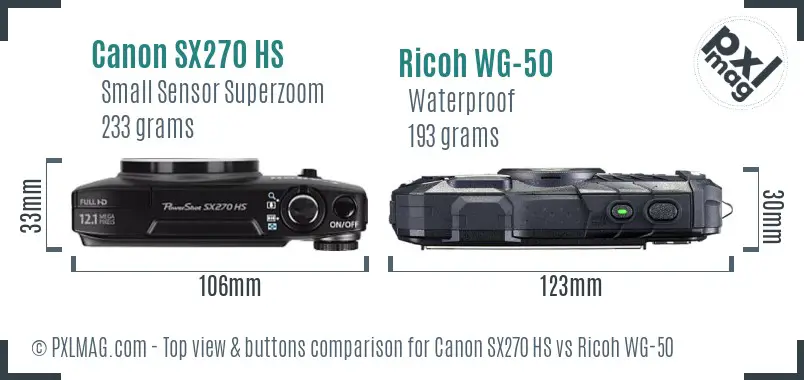 Canon SX270 HS vs Ricoh WG-50 top view buttons comparison