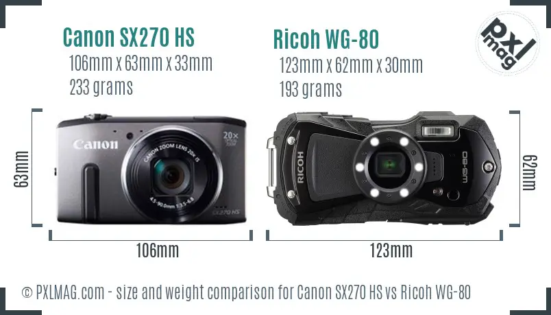 Canon SX270 HS vs Ricoh WG-80 size comparison