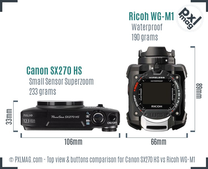Canon SX270 HS vs Ricoh WG-M1 top view buttons comparison