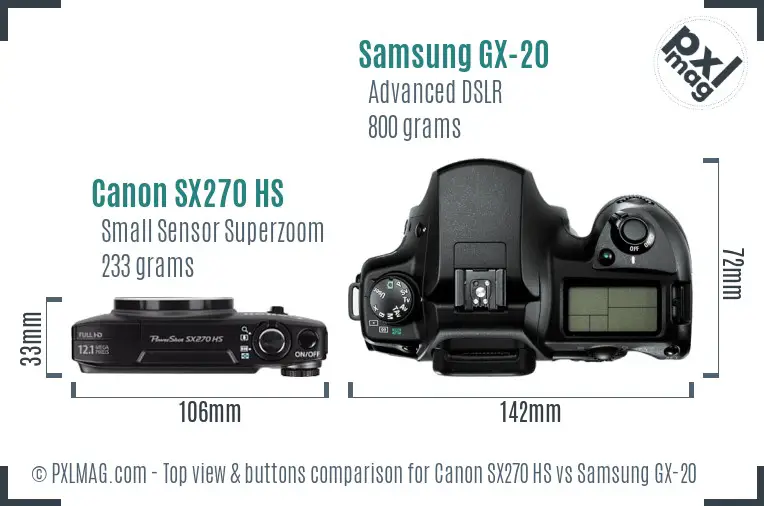 Canon SX270 HS vs Samsung GX-20 top view buttons comparison