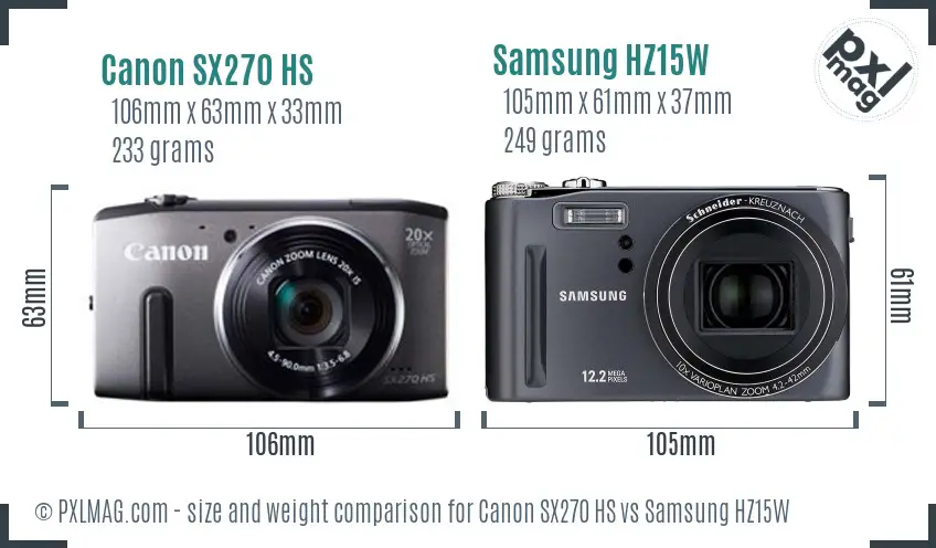 Canon SX270 HS vs Samsung HZ15W size comparison