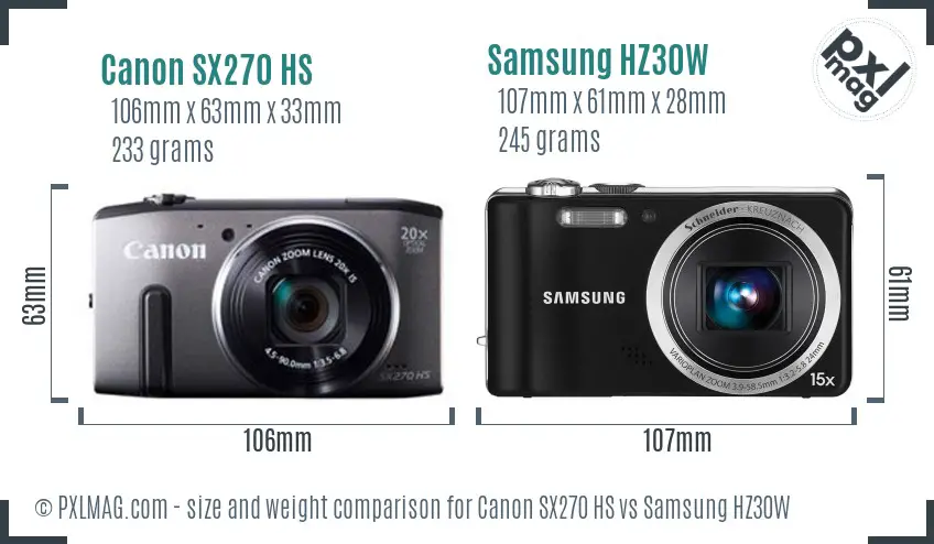 Canon SX270 HS vs Samsung HZ30W size comparison