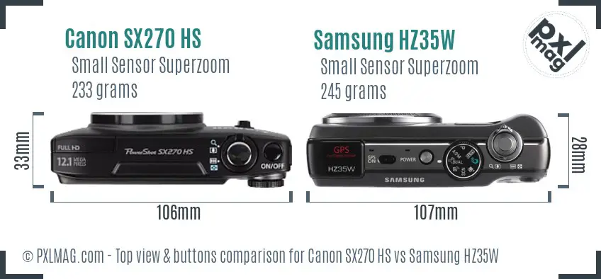 Canon SX270 HS vs Samsung HZ35W top view buttons comparison Canon SX270 HS vs Samsung HZ35W top view buttons comparison