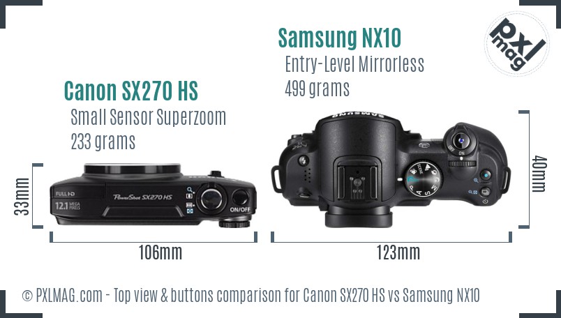 Canon SX270 HS vs Samsung NX10 top view buttons comparison