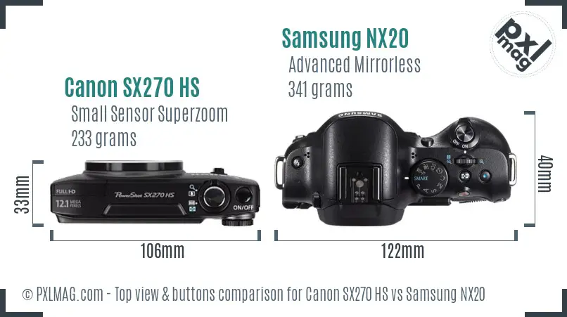 Canon SX270 HS vs Samsung NX20 top view buttons comparison