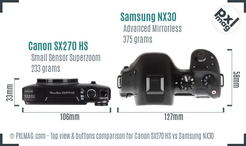 Canon SX270 HS vs Samsung NX30 top view buttons comparison Canon SX270 HS vs Samsung NX30 top view buttons comparison