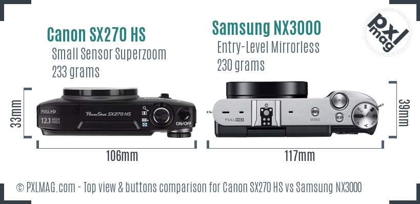 Canon SX270 HS vs Samsung NX3000 top view buttons comparison