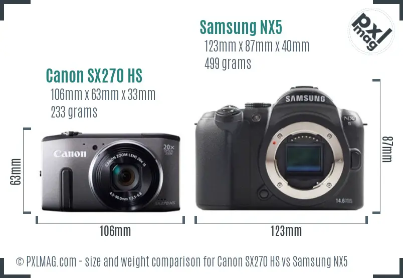 Canon SX270 HS vs Samsung NX5 size comparison