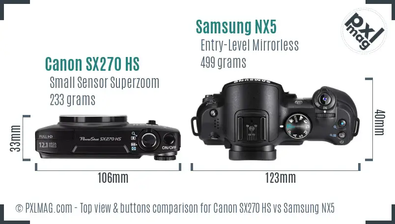 Canon SX270 HS vs Samsung NX5 top view buttons comparison