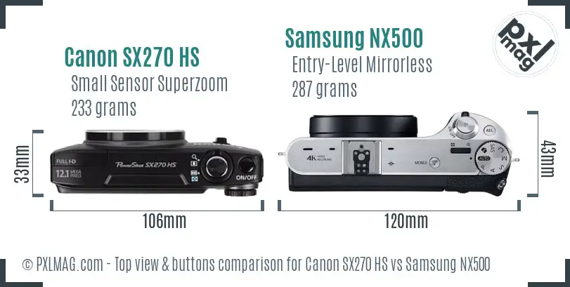 Canon SX270 HS vs Samsung NX500 top view buttons comparison Canon SX270 HS vs Samsung NX500 top view buttons comparison