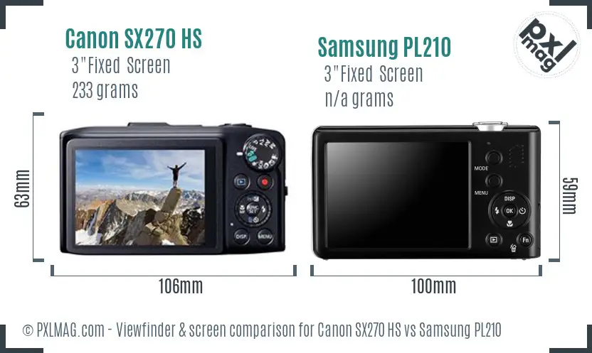 Canon SX270 HS vs Samsung PL210 Screen and Viewfinder comparison