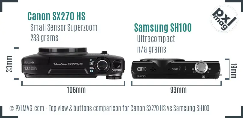 Canon SX270 HS vs Samsung SH100 top view buttons comparison Canon SX270 HS vs Samsung SH100 top view buttons comparison