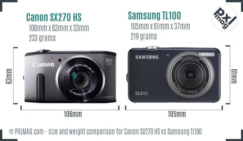 Canon SX270 HS vs Samsung TL100 size comparison