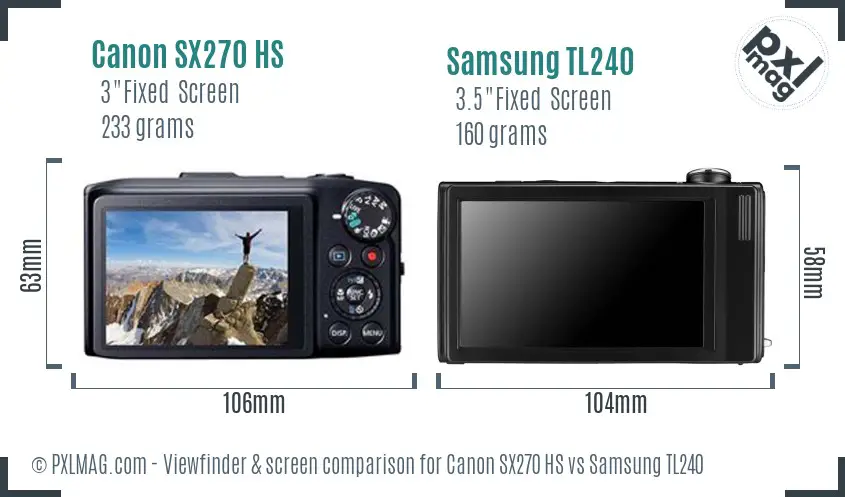 Canon SX270 HS vs Samsung TL240 Screen and Viewfinder comparison