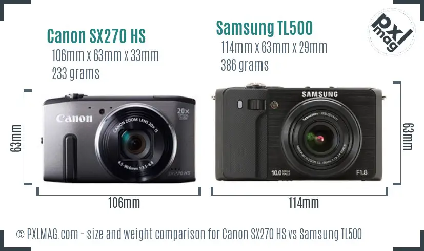 Canon SX270 HS vs Samsung TL500 size comparison